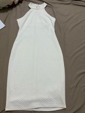 White Fitted, Textured High-Neck Halter Dress